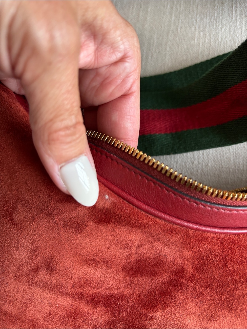 Gucci Orange Red Suede Shoulder Bag with Green-Red Web Strap - Picture 6 of 13